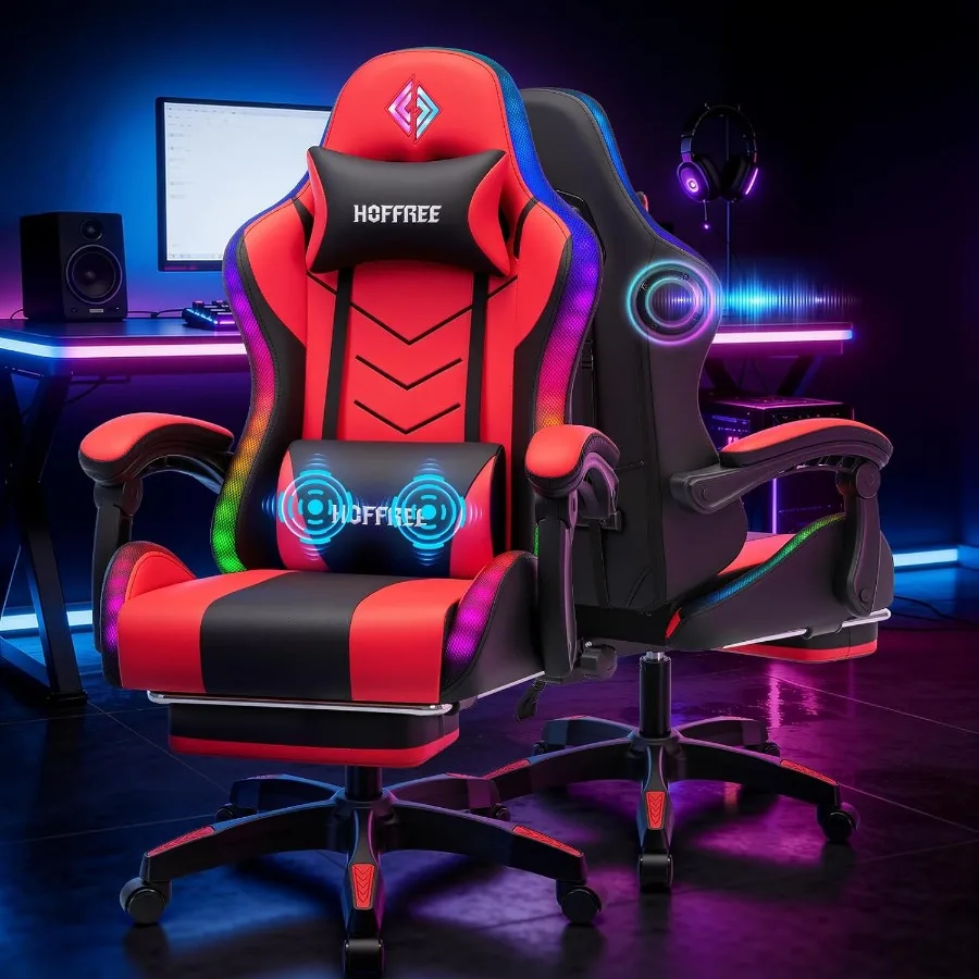 Music - เก้าอี้เกมมิ่ง RGB พร้อมลำโพงและไฟ LED ที่เปลี่ยนสีตามจังหวะเพลง เหมาะสำหรับการตั้งค่าพื้นที่เล่นเกม