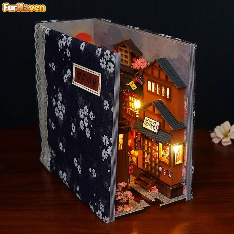 Diy Wooden Book Nook Kit Shelf Insert - ชุดอุปกรณ์ตกแต่งชั้นวางหนังสือสไตล์ญี่ปุ่นแบบ DIY ทำจากไม้ สำหรับบ้านตุ๊กตาจิ๋ว พร้อมเฟอร์นิเจอร์ ที่คั่นหนังสือลายดอกซากุระ